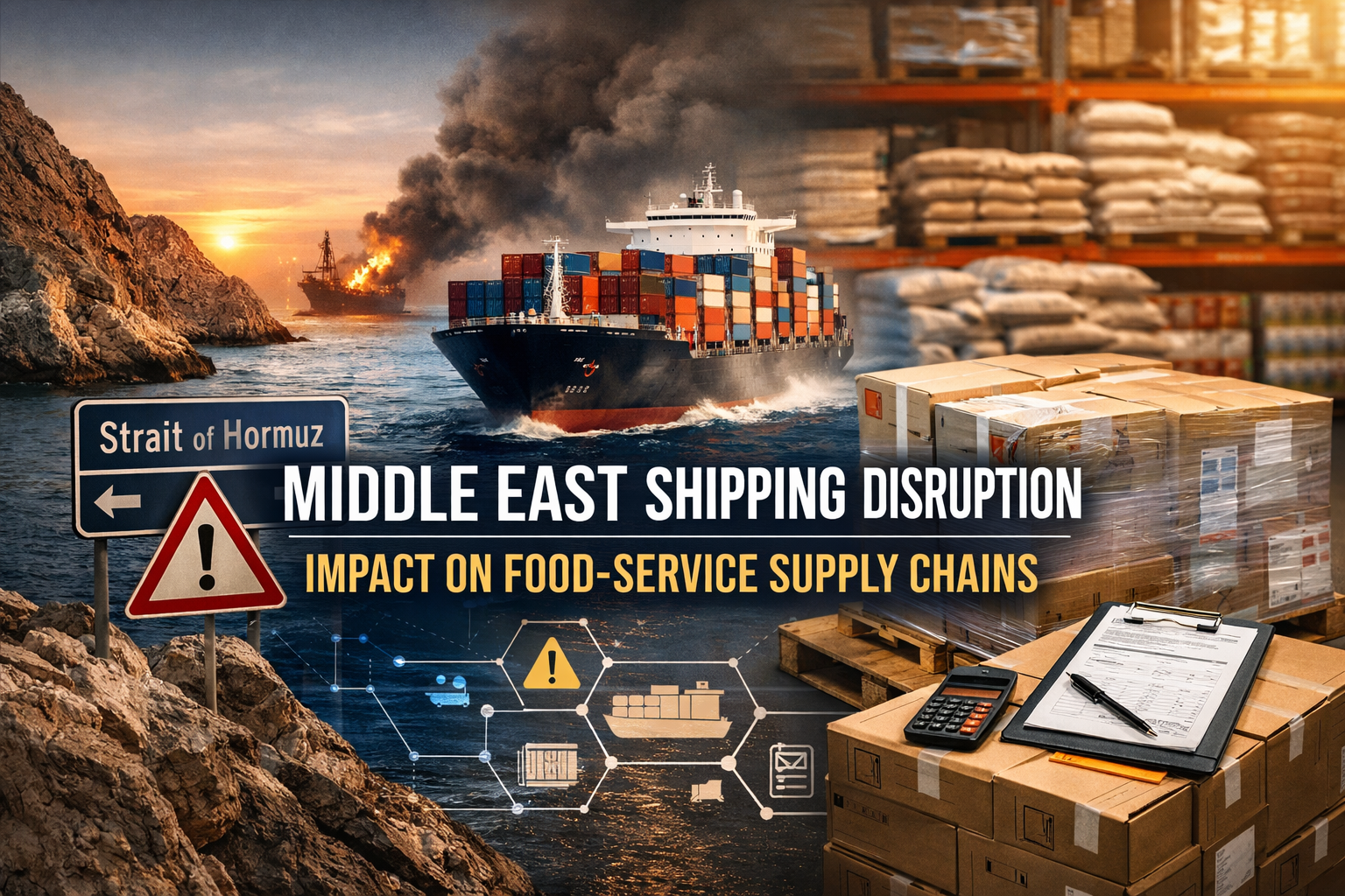 Middle East shipping disruption with cargo ship, warehouse inventory, and supply chain documentation